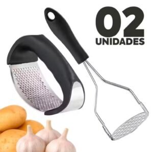 Kit amassador de alho e amassador de batata 2 em 1 em inox, utensílio prático e resistente para cozinha