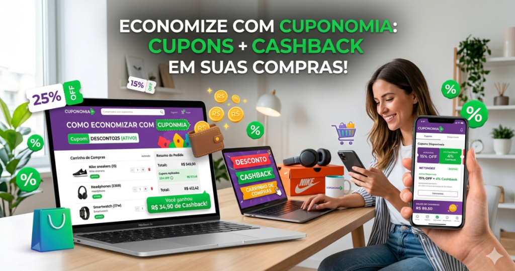 Cuponomia com cupons de desconto e cashback em compras online exibidos em notebook e smartphone, mostrando como economizar dinheiro de forma prática.