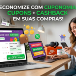 Cuponomia com cupons de desconto e cashback em compras online exibidos em notebook e smartphone, mostrando como economizar dinheiro de forma prática.