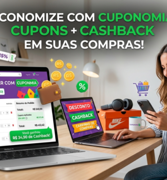 Cuponomia com cupons de desconto e cashback em compras online exibidos em notebook e smartphone, mostrando como economizar dinheiro de forma prática.