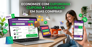 Cuponomia com cupons de desconto e cashback em compras online exibidos em notebook e smartphone, mostrando como economizar dinheiro de forma prática.