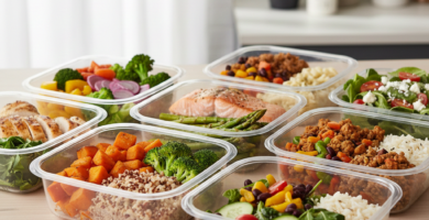 marmitas saudáveis fitness prontas para venda organizadas em bancada