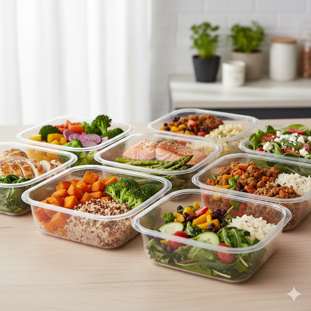 marmitas saudáveis fitness prontas para venda organizadas em bancada