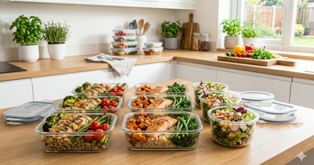 Marmitas saudáveis com refeições equilibradas em potes organizados, ideais para alimentação saudável e geração de renda.