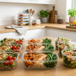 Marmitas saudáveis com refeições equilibradas em potes organizados, ideais para alimentação saudável e geração de renda.
