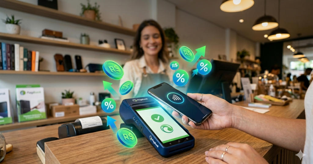 Marquininha de cartão moderna sendo usada para pagamento por aproximação com cashback, ideal para pequenos negócios em 2026.