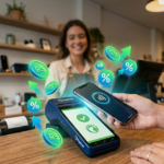 Marquininha de cartão moderna sendo usada para pagamento por aproximação com cashback, ideal para pequenos negócios em 2026.