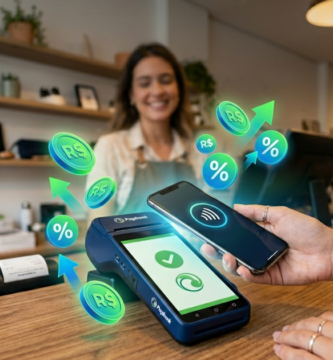 Marquininha de cartão moderna sendo usada para pagamento por aproximação com cashback, ideal para pequenos negócios em 2026.