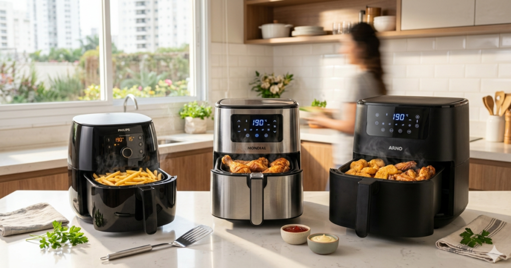 As 3 melhores air fryers do Brasil em 2026 com alimentos crocantes como batata frita e frango, destacando desempenho, capacidade e custo-benefício.