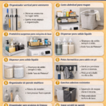 Infográfico sobre organização na lavanderia com 10 organizadores práticos e baratos para otimizar espaço e manter o ambiente funcional.