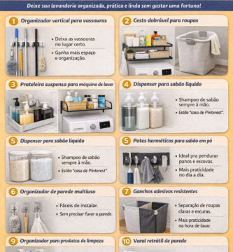 Infográfico sobre organização na lavanderia com 10 organizadores práticos e baratos para otimizar espaço e manter o ambiente funcional.