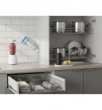 5 produtos que resolvem problemas do dia a dia como blender portátil, escova elétrica de limpeza, organizadores de gaveta, prateleira de armário e dispenser de detergente