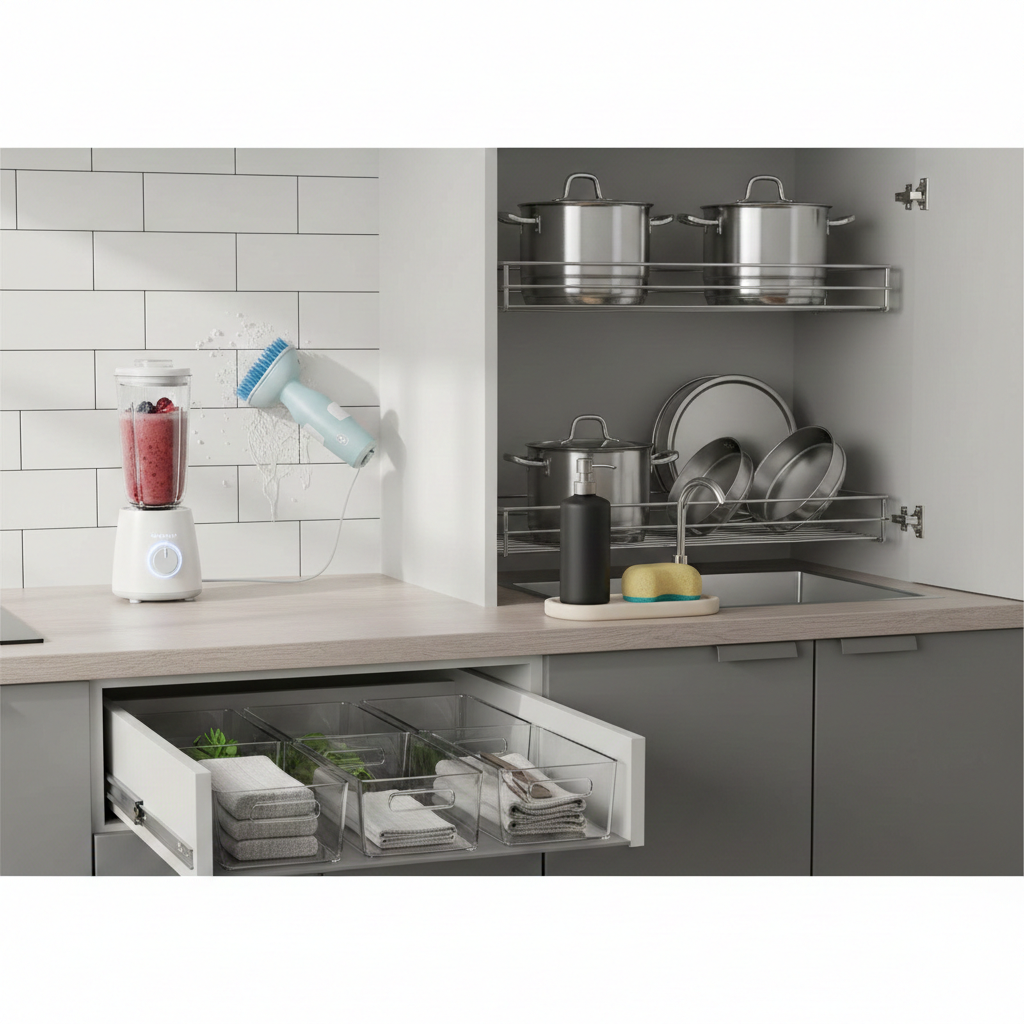 5 produtos que resolvem problemas do dia a dia como blender portátil, escova elétrica de limpeza, organizadores de gaveta, prateleira de armário e dispenser de detergente