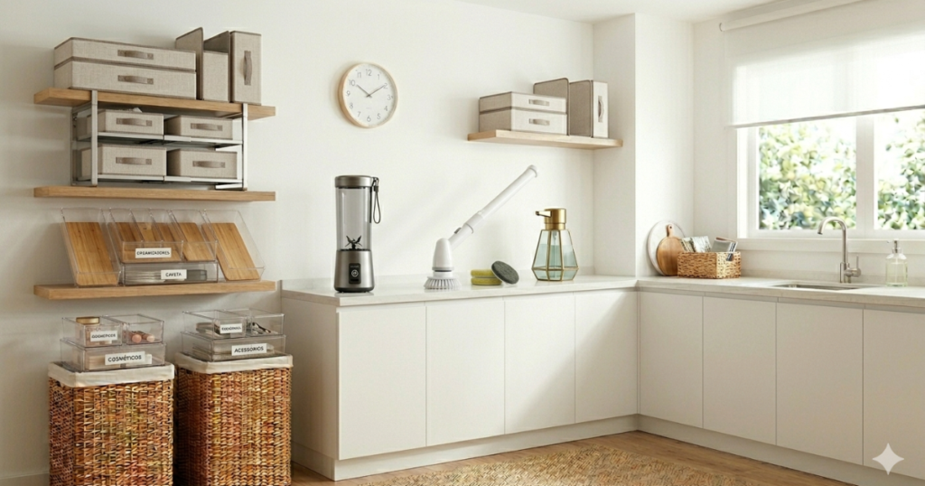 Top 5 produtos que resolvem problemas do dia a dia: blender portátil, escova elétrica de limpeza, kit de organizadores de gaveta, prateleira de armário e dispenser de detergente, ideais para facilitar a rotina e otimizar tarefas diárias.