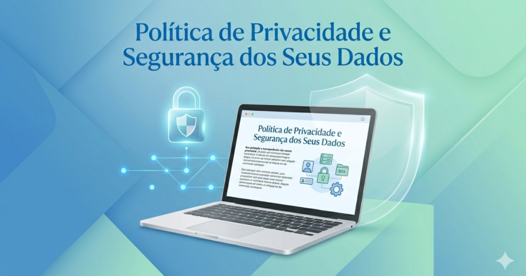 Política de privacidade com proteção de dados online representada por cadeado digital e segurança da informação em site.