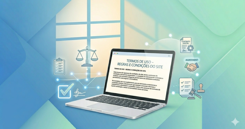 Termos de uso com documento digital, checklist e regras de utilização do site representando condições e políticas.