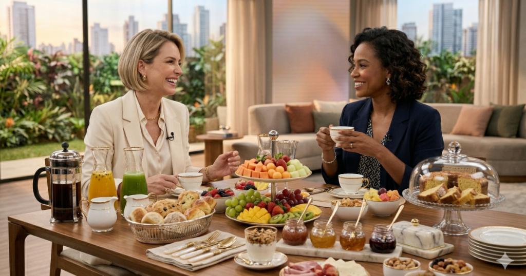 Mesa de café da manhã estilo programa de TV com apresentadoras