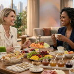 Mesa de café da manhã estilo programa de TV com apresentadoras