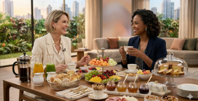 Mesa de café da manhã estilo programa de TV com apresentadoras