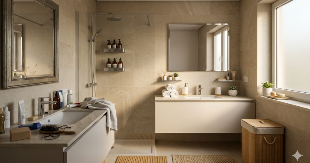 Uma imagem vertical mostrando como organizar banheiro com estilo de spa, apresentando prateleiras minimalistas com toalhas dobradas, acessórios de bambu e uma área inferior com sutil desordem, sob luz natural acolhedora.