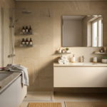 Uma imagem vertical mostrando como organizar banheiro com estilo de spa, apresentando prateleiras minimalistas com toalhas dobradas, acessórios de bambu e uma área inferior com sutil desordem, sob luz natural acolhedora.