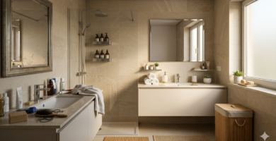 Uma imagem vertical mostrando como organizar banheiro com estilo de spa, apresentando prateleiras minimalistas com toalhas dobradas, acessórios de bambu e uma área inferior com sutil desordem, sob luz natural acolhedora.