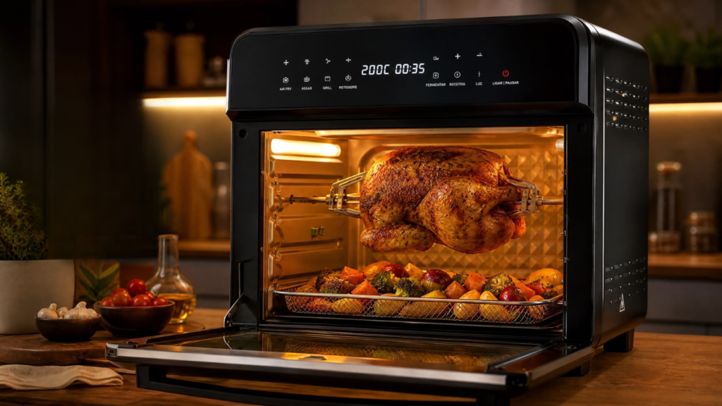 Air Fryer Oven moderna com frango inteiro assando e legumes em prateleiras, demonstrando grande capacidade.