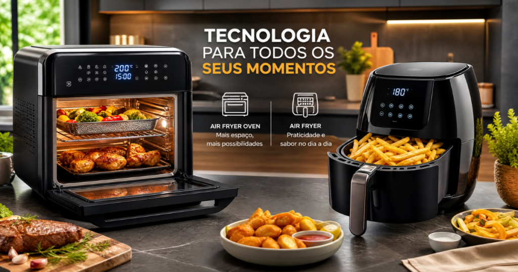 Comparativo de Air Fryer Oven vs Air Fryer Tradicional em uma cozinha moderna, destacando as opções de fritura sem óleo.