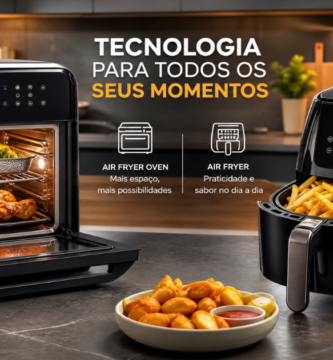 Comparativo de Air Fryer Oven vs Air Fryer Tradicional em uma cozinha moderna, destacando as opções de fritura sem óleo.