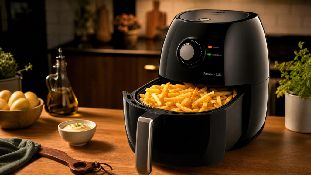 Air Fryer Tradicional com cesto puxado, revelando batatas fritas douradas e crocantes, em uma bancada de cozinha.