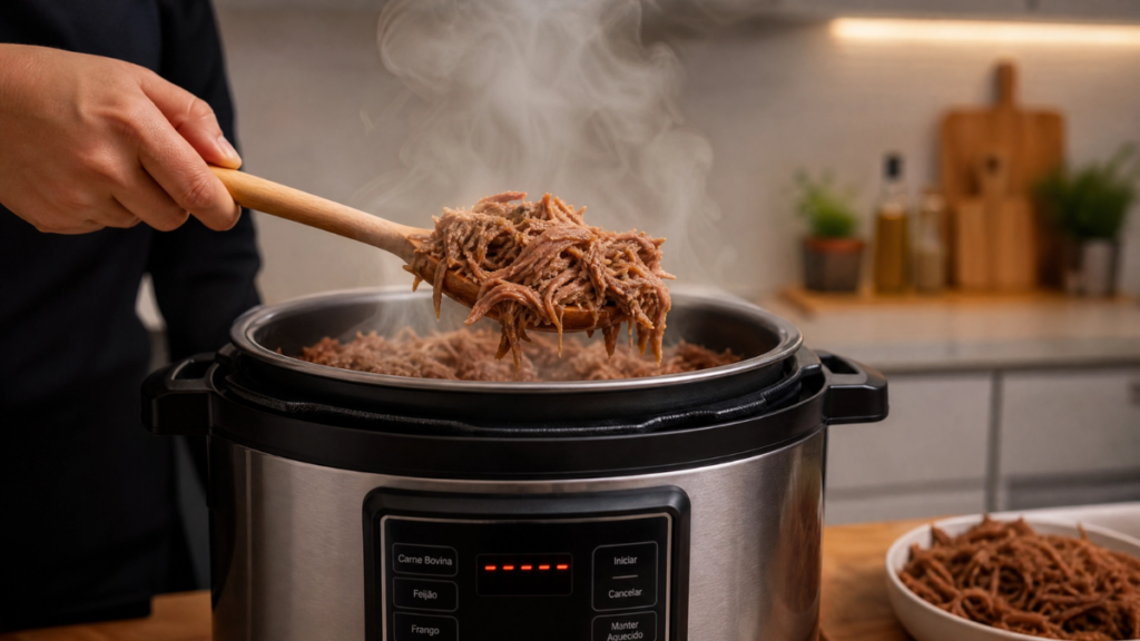 Mão servindo carne bovina desfiada e suculenta retirada diretamente de uma panela de pressão elétrica.