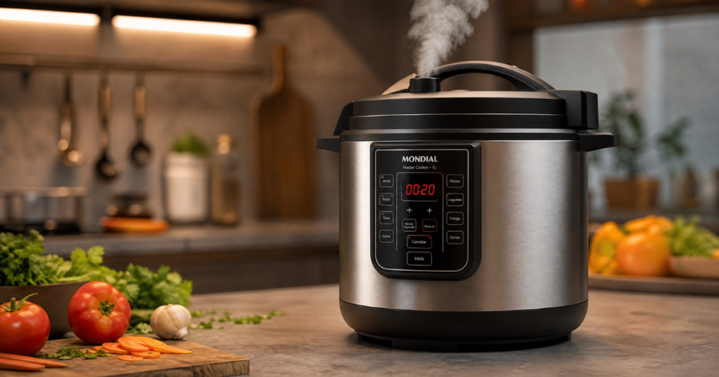 Panela de pressão elétrica moderna em aço inox com vapor saindo da válvula em uma cozinha contemporânea.