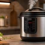 Panela de pressão elétrica moderna em aço inox com vapor saindo da válvula em uma cozinha contemporânea.