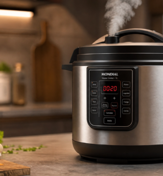 Panela de pressão elétrica moderna em aço inox com vapor saindo da válvula em uma cozinha contemporânea.