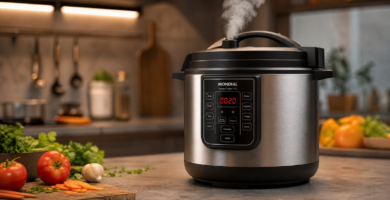 Panela de pressão elétrica moderna em aço inox com vapor saindo da válvula em uma cozinha contemporânea.