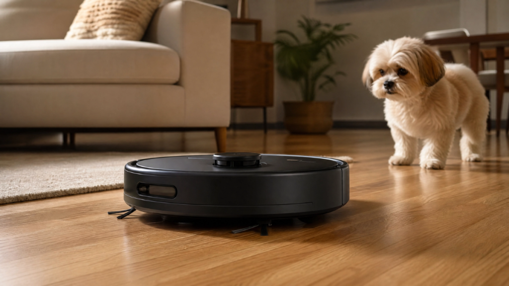 Robô aspirador autônomo limpando um piso de madeira, com um pet observando curiosamente.