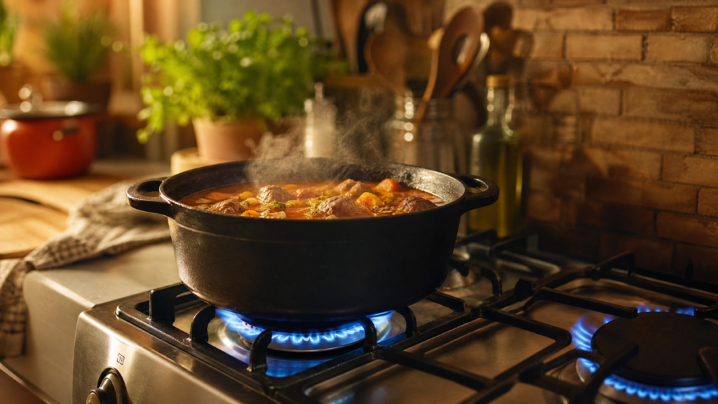 Fogão a gás tradicional com panela de ferro fundido e chamas visíveis, cozinhando um prato saboroso.