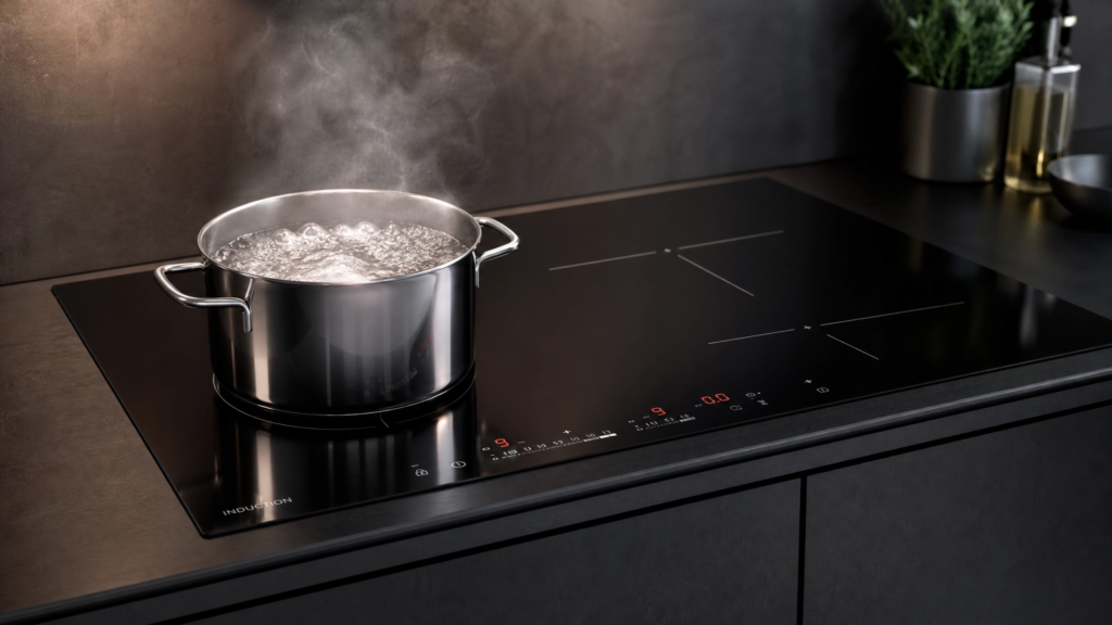Cooktop de indução moderno com panela fervendo, demonstrando rapidez e precisão no cozimento.
