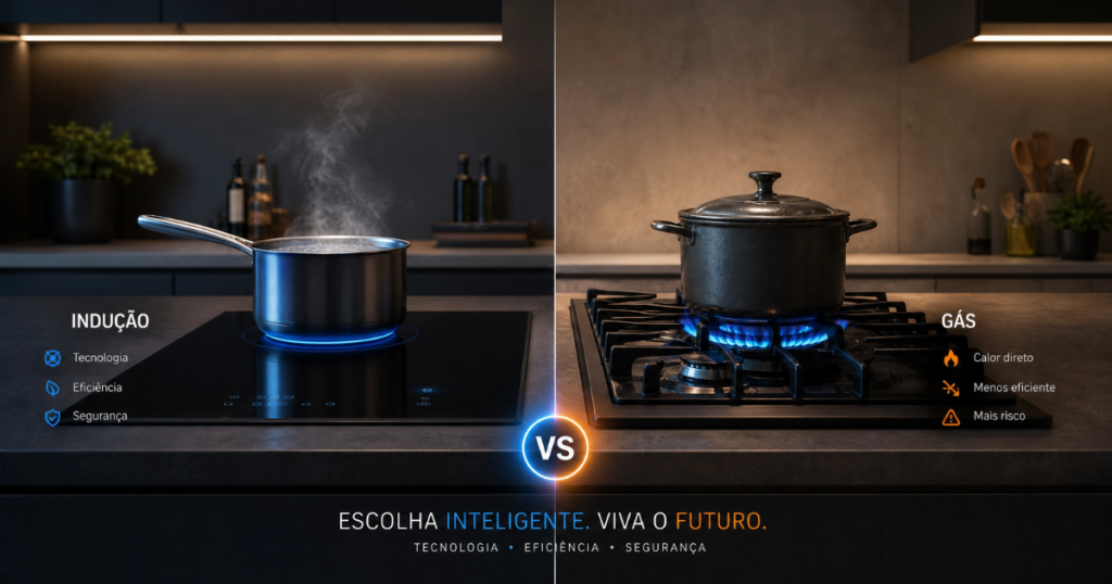 Comparativo de Fogão de Indução vs Fogão a Gás em uma cozinha moderna, destacando as diferenças de tecnologia e segurança.