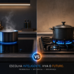 Comparativo de Fogão de Indução vs Fogão a Gás em uma cozinha moderna, destacando as diferenças de tecnologia e segurança.