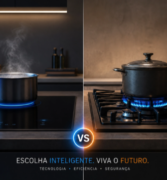 Comparativo de Fogão de Indução vs Fogão a Gás em uma cozinha moderna, destacando as diferenças de tecnologia e segurança.