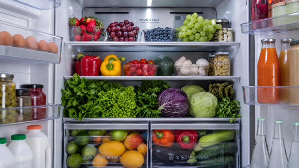 Interior de geladeira Inverter com frutas e verduras frescas e vibrantes.