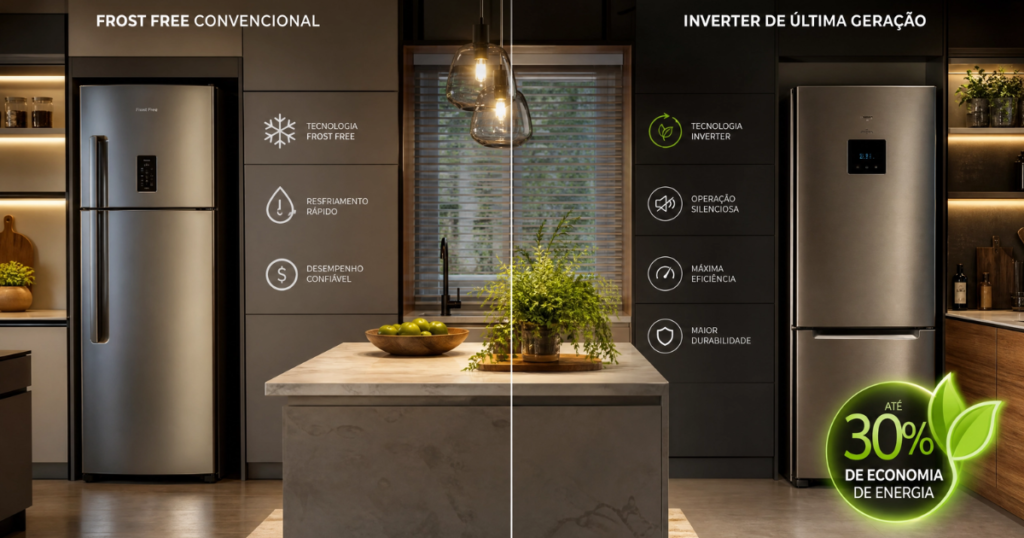 Comparativo de Geladeira Frost Free vs Geladeira Inverter em uma cozinha moderna, destacando a economia de energia de até 40%.
