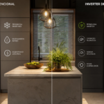 Comparativo de Geladeira Frost Free vs Geladeira Inverter em uma cozinha moderna, destacando a economia de energia de até 40%.