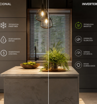 Comparativo de Geladeira Frost Free vs Geladeira Inverter em uma cozinha moderna, destacando a economia de energia de até 40%.